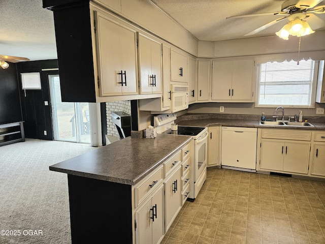 kitchen with a textured ceiling, plenty of natural light, sink, and white appliances