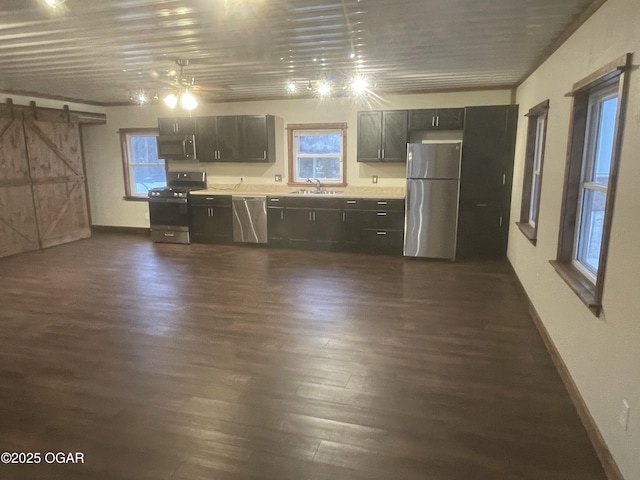 kitchen with stainless steel appliances, sink, a healthy amount of sunlight, a barn door, and dark hardwood / wood-style flooring