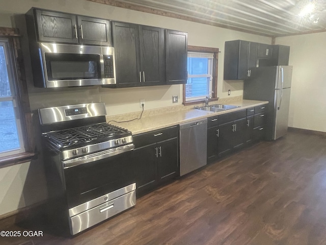 kitchen with sink, stainless steel appliances, and dark hardwood / wood-style flooring