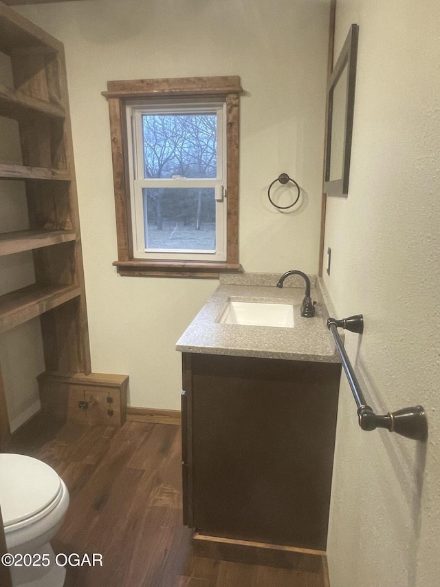 bathroom featuring toilet, wood-type flooring, and vanity