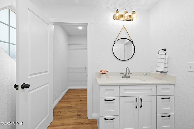 bathroom with hardwood / wood-style flooring and vanity