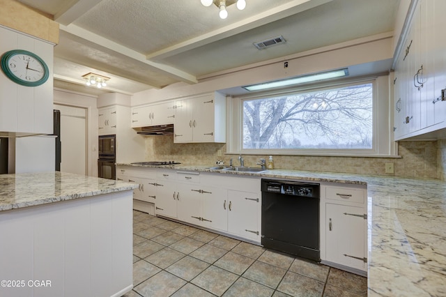 kitchen with light stone countertops, sink, black appliances, white cabinetry, and light tile patterned flooring