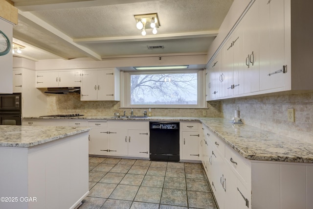 kitchen with black appliances, decorative backsplash, white cabinets, and sink