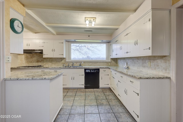 kitchen featuring tasteful backsplash, beamed ceiling, white cabinets, and black dishwasher