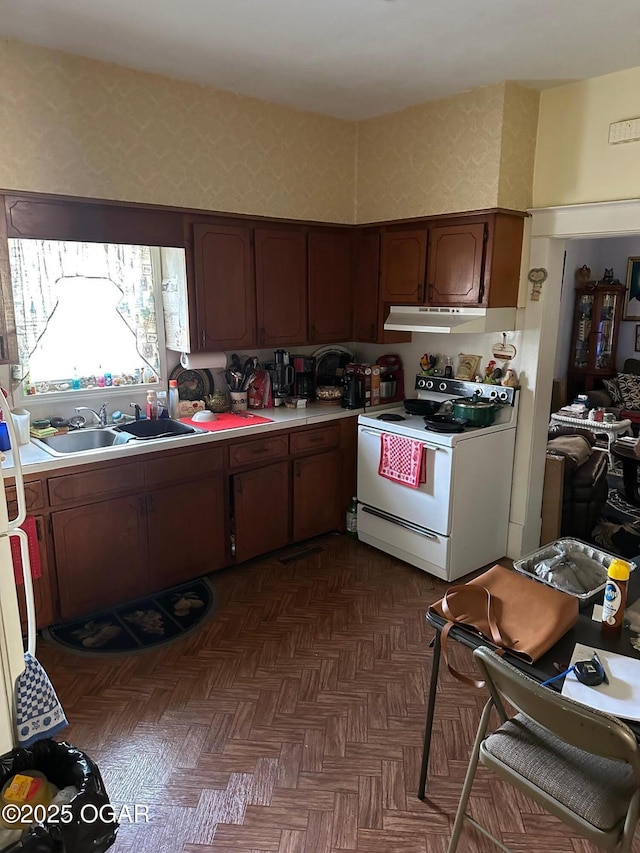 kitchen featuring white range with electric stovetop, sink, and dark parquet floors