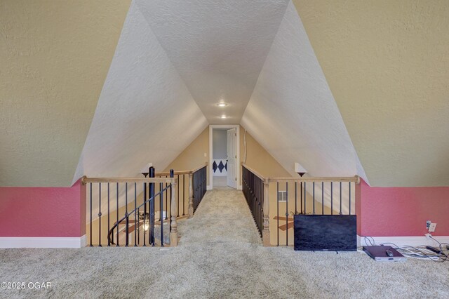 additional living space with a textured ceiling, light carpet, and vaulted ceiling