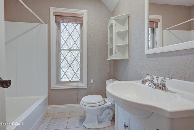 full bathroom featuring vanity, vaulted ceiling, shower / tub combination, tile patterned flooring, and toilet