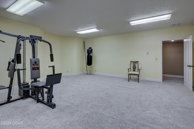 exercise room with a textured ceiling and light colored carpet