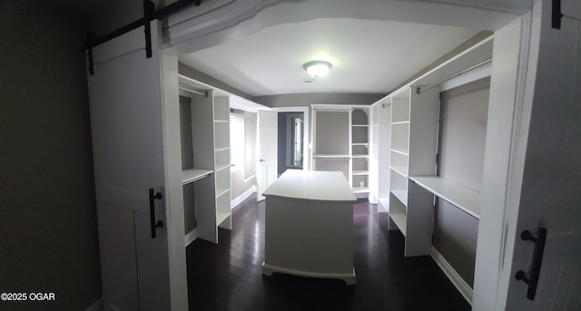 walk in closet with dark wood-type flooring and a barn door