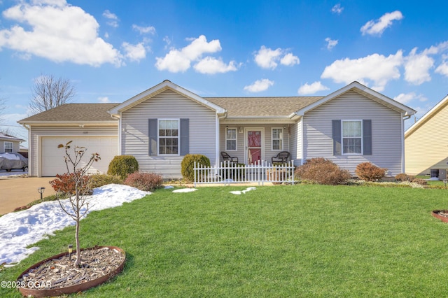 ranch-style house featuring a front lawn and a garage