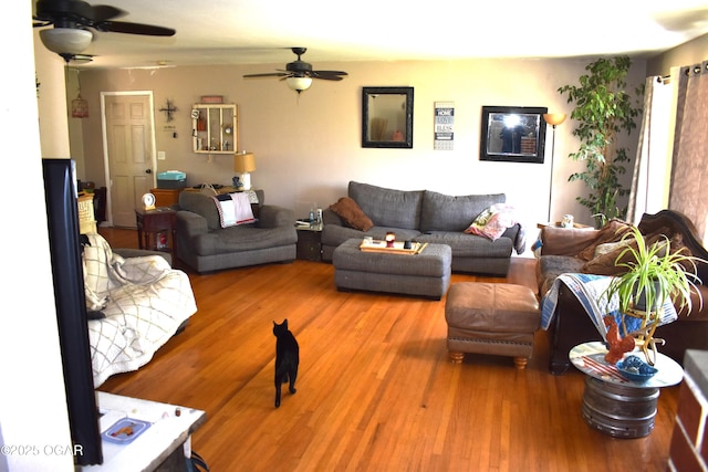 living room with wood-type flooring and ceiling fan