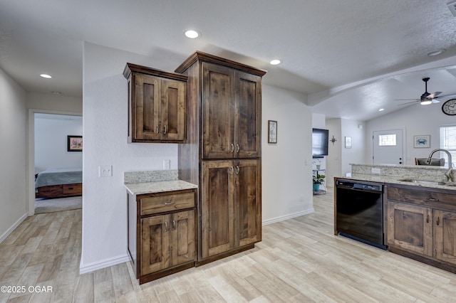 kitchen with light stone countertops, dishwasher, light hardwood / wood-style flooring, dark brown cabinets, and sink