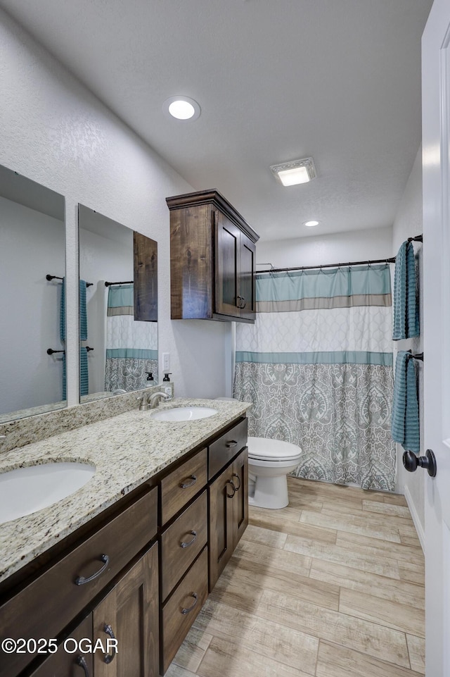 bathroom featuring toilet, a shower with shower curtain, and vanity