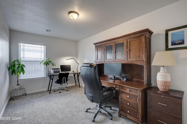 carpeted office with a textured ceiling