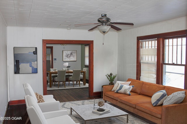 living room featuring ceiling fan, ornamental molding, and dark hardwood / wood-style floors