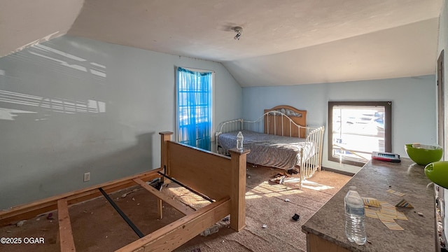 carpeted bedroom with lofted ceiling