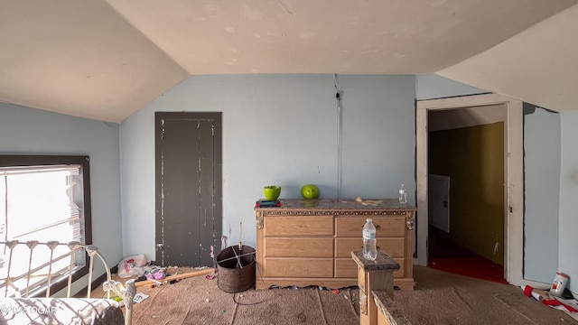 bedroom featuring lofted ceiling and carpet floors