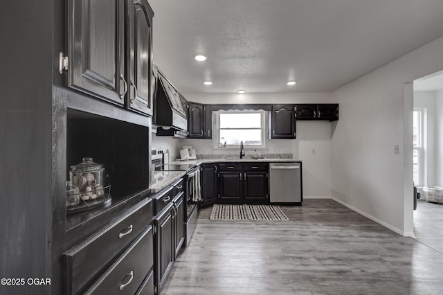 kitchen featuring sink, appliances with stainless steel finishes, wood-type flooring, a textured ceiling, and custom exhaust hood