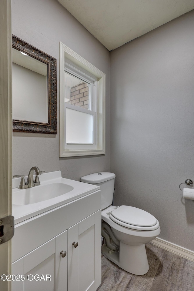 bathroom with vanity, hardwood / wood-style flooring, and toilet