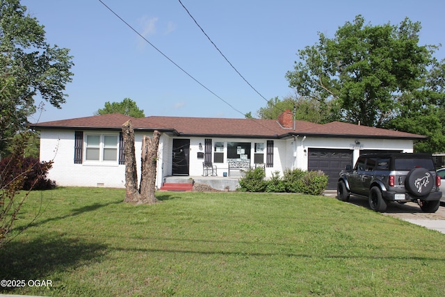 single story home featuring a front yard, a garage, covered porch, and brick siding