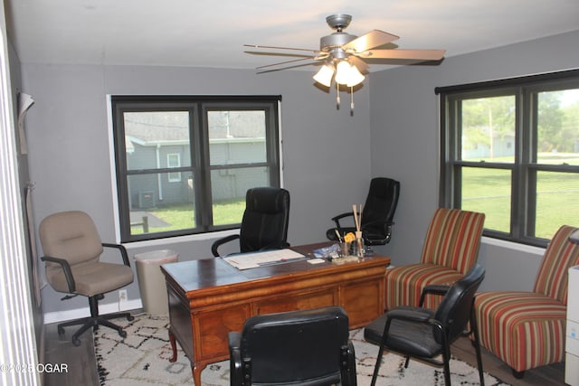 office space with a wealth of natural light, wood finished floors, and a ceiling fan