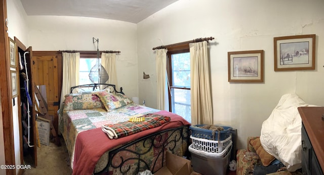 bedroom with vaulted ceiling and carpet floors