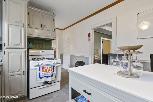 kitchen featuring white range with gas cooktop and ornamental molding