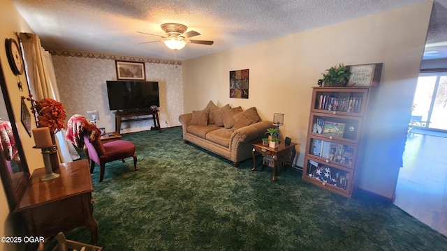 carpeted living room featuring ceiling fan and a textured ceiling