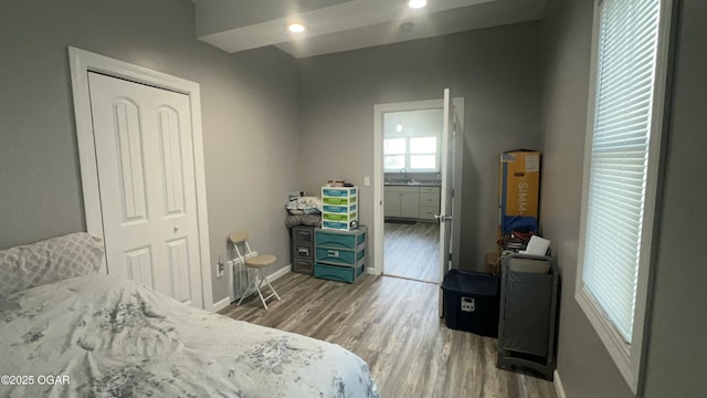 bedroom featuring ceiling fan, wood-type flooring, sink, and a closet