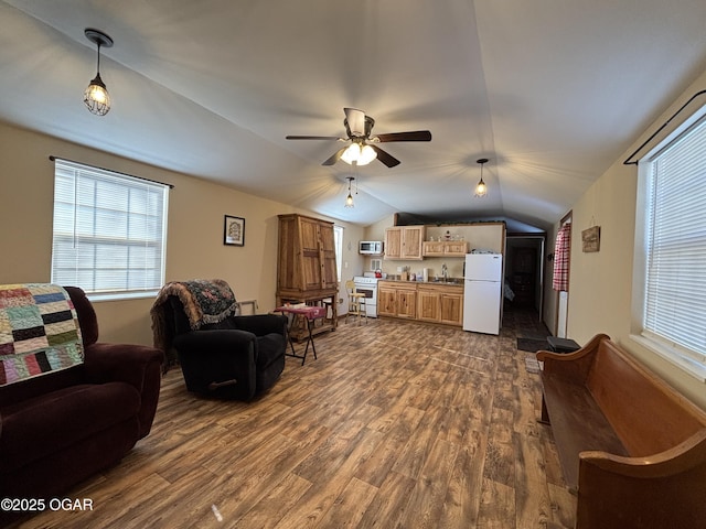 living room with sink, dark wood-type flooring, ceiling fan, and lofted ceiling