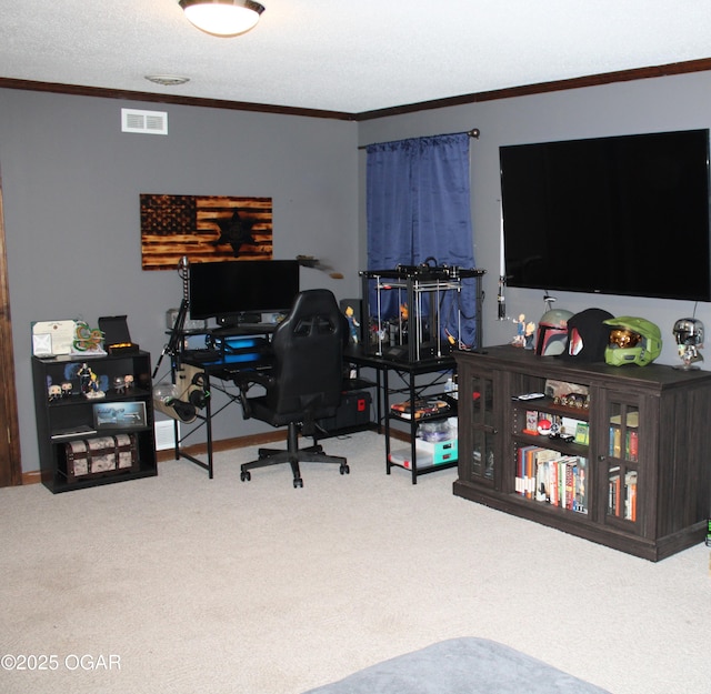 carpeted home office with ornamental molding and a textured ceiling