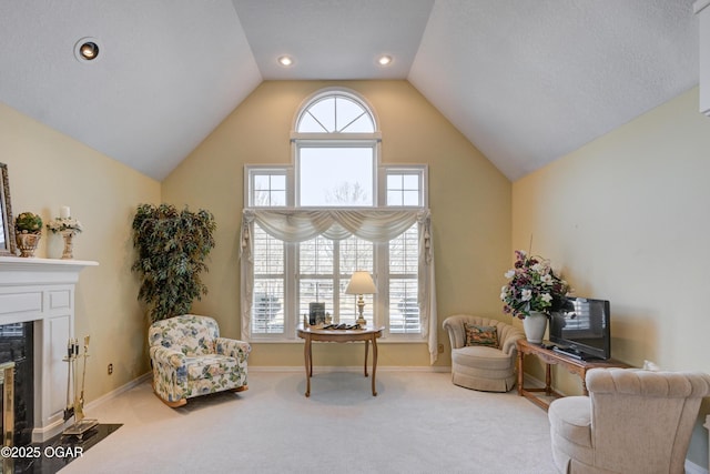 living area with a fireplace, plenty of natural light, and carpet flooring