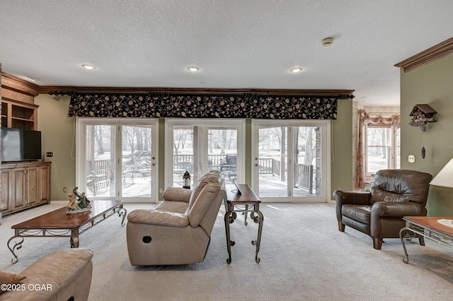 living room with ornamental molding, light colored carpet, and a textured ceiling