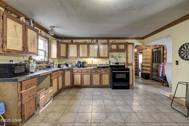 1101 N Anderson Ave, Joplin, MO 64801 - kitchen with crown molding, a textured ceiling, light tile patterned floors, sink, and range with electric stovetop