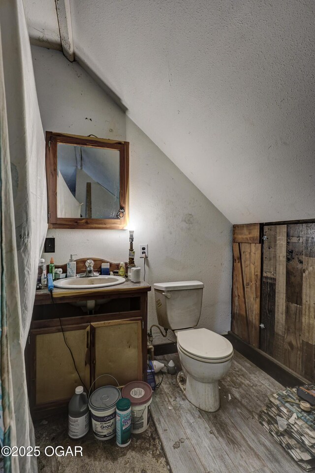 1101 N Anderson Ave, Joplin, MO 64801 - bathroom with hardwood / wood-style flooring, toilet, a textured ceiling, vanity, and lofted ceiling