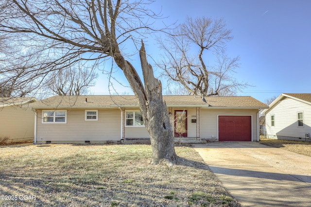 ranch-style house with a garage and a front lawn