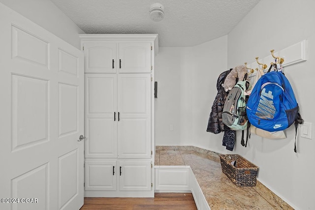 mudroom featuring a textured ceiling and light hardwood / wood-style floors