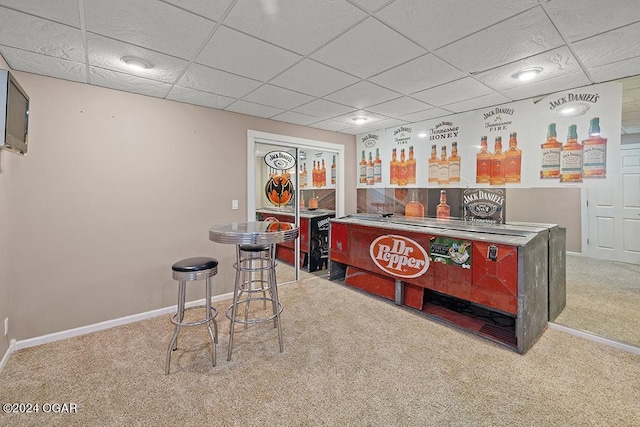 bar featuring light colored carpet and a drop ceiling