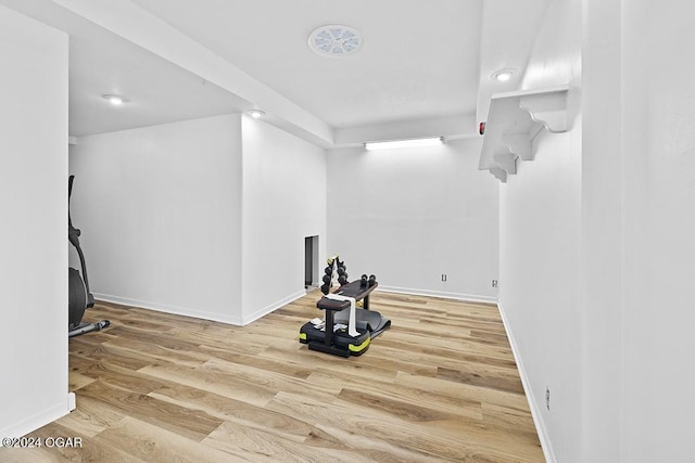 workout room featuring wood-type flooring