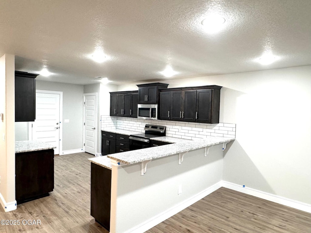 kitchen featuring light wood-style floors, tasteful backsplash, stainless steel appliances, and dark cabinetry