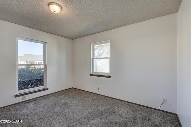 spare room featuring carpet flooring and a textured ceiling