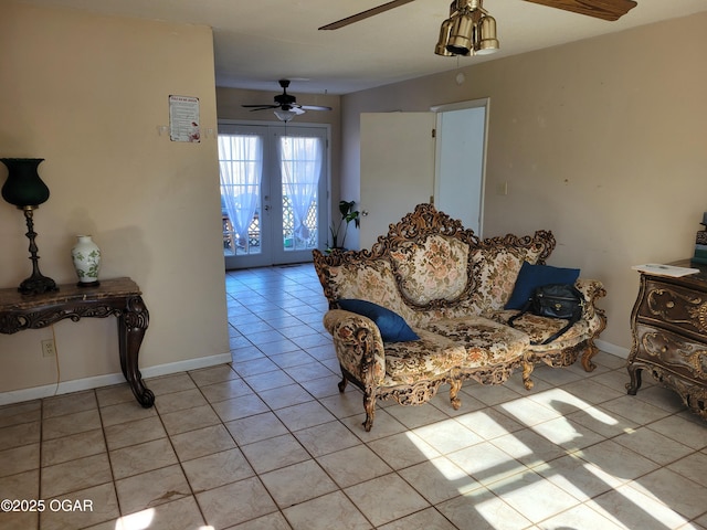 living room featuring french doors, ceiling fan, and light tile patterned floors