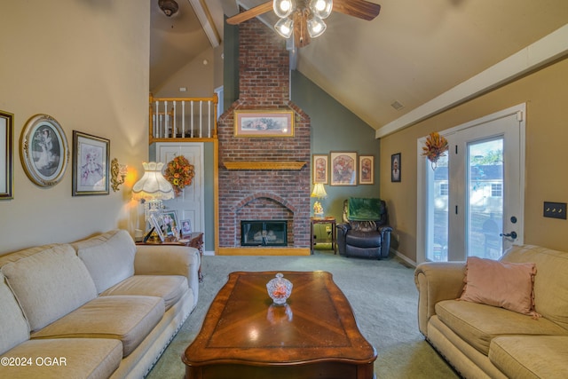 living room with ceiling fan, a brick fireplace, carpet flooring, and high vaulted ceiling