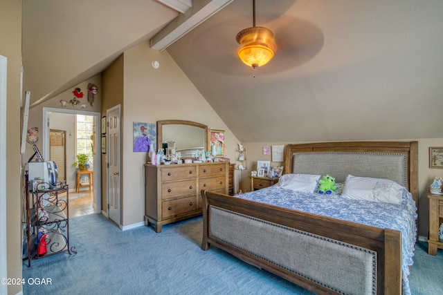 carpeted bedroom featuring ceiling fan and lofted ceiling with beams