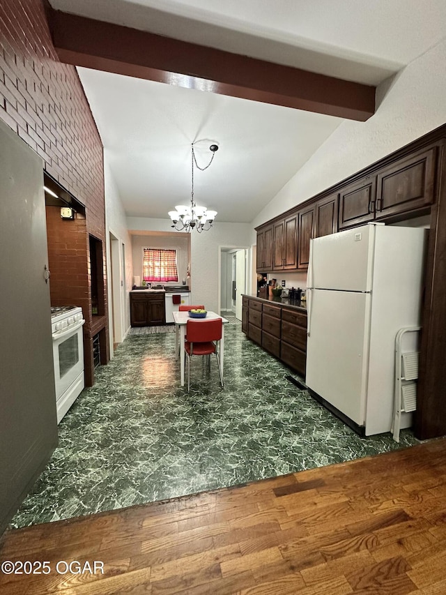 kitchen featuring white appliances, dark brown cabinetry, lofted ceiling with beams, and a notable chandelier