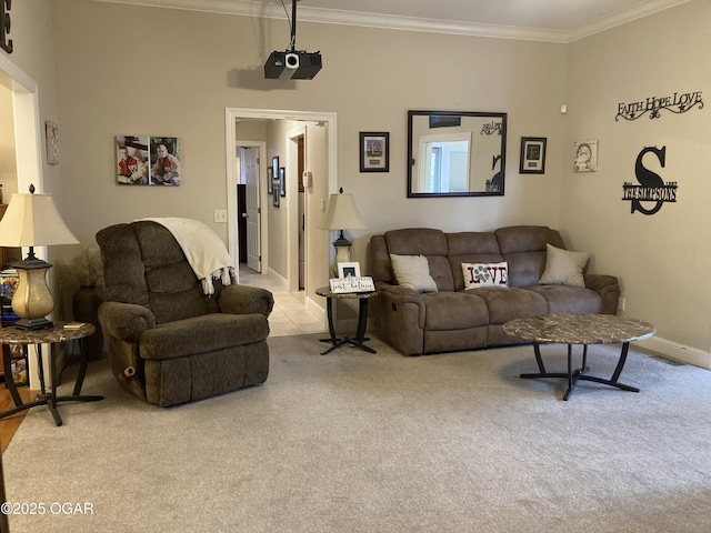 carpeted living room with ornamental molding