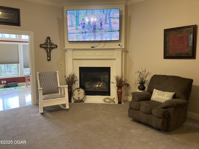 living area with crown molding and carpet floors