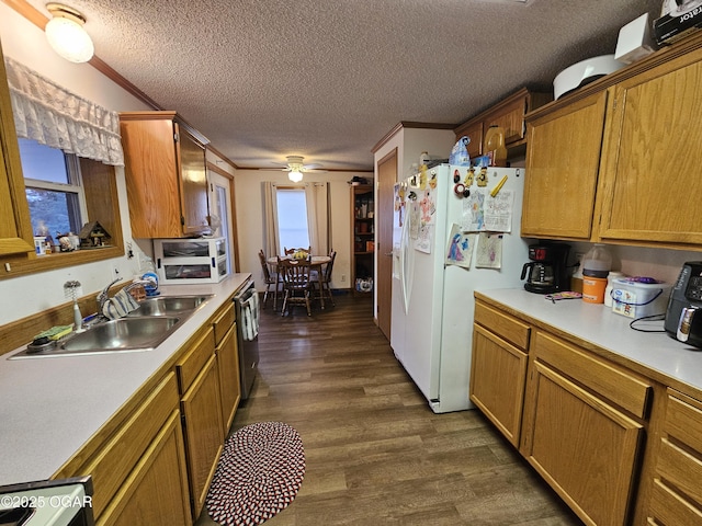 kitchen featuring sink, ornamental molding, dark hardwood / wood-style flooring, dishwasher, and white refrigerator with ice dispenser