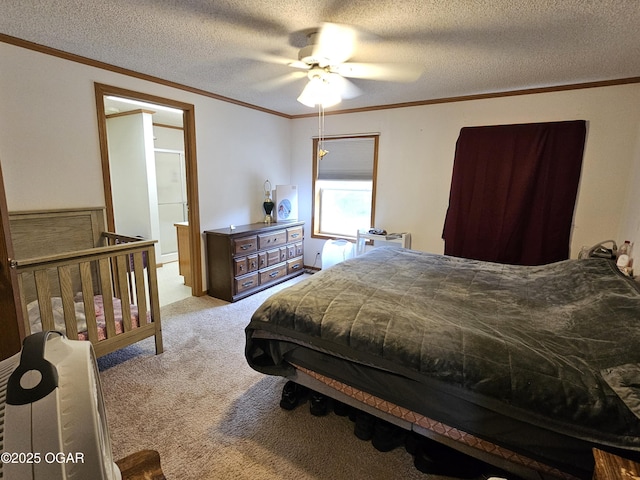979 S Matherly Rd, Protem, MO 65733 - bedroom featuring light colored carpet, crown molding, a textured ceiling, and ceiling fan