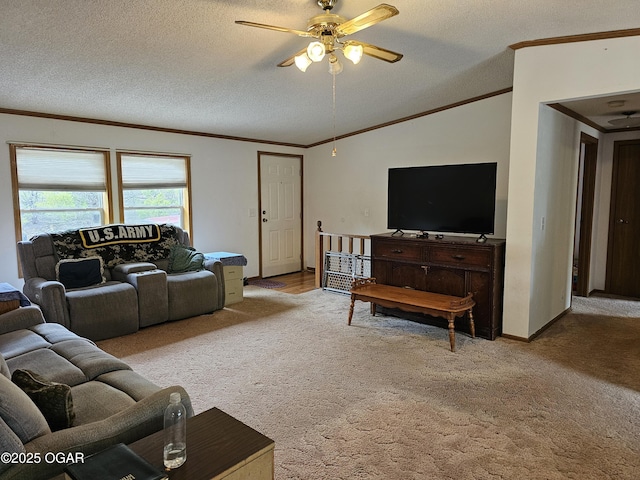 979 S Matherly Rd, Protem, MO 65733 - living area featuring light colored carpet, crown molding, lofted ceiling, a ceiling fan, and a textured ceiling